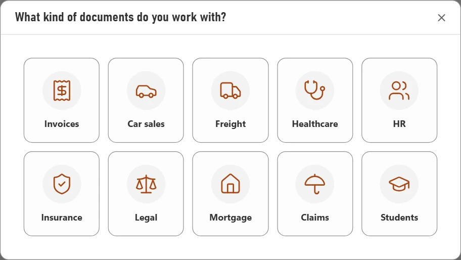 CapturePoint asking "What kind of documents do you work with?" with ten ready-made sample jobs