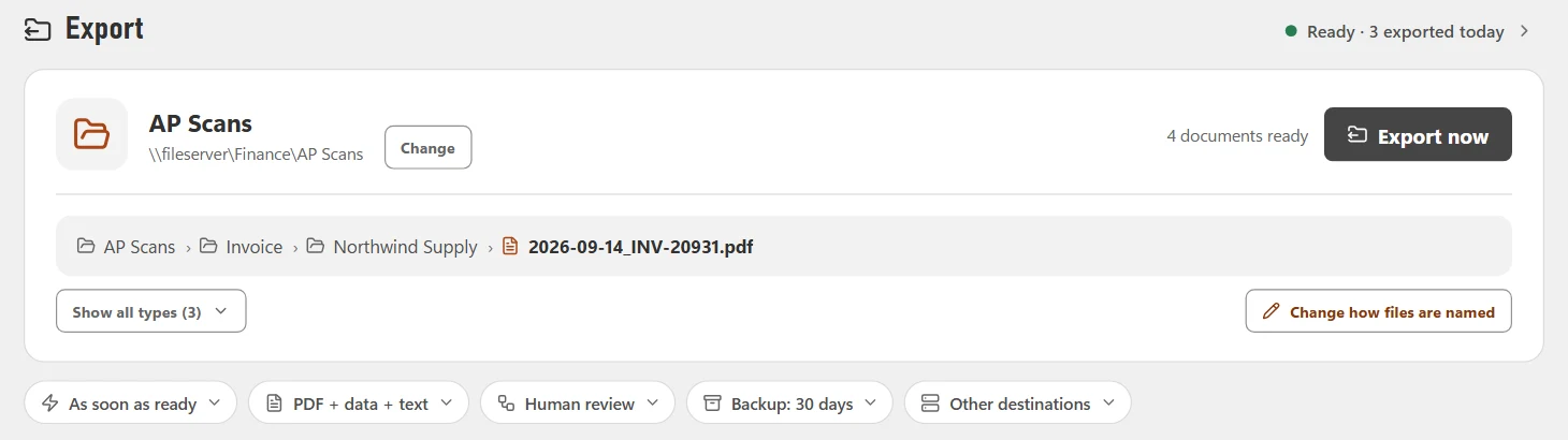 Export settings: documents filed into folders by type and vendor, with the file named by date and invoice number