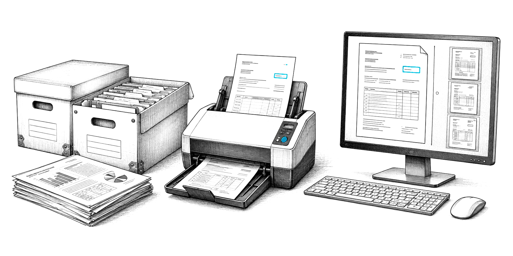 Pencil drawing: file boxes, a document scanner and a monitor showing organized files