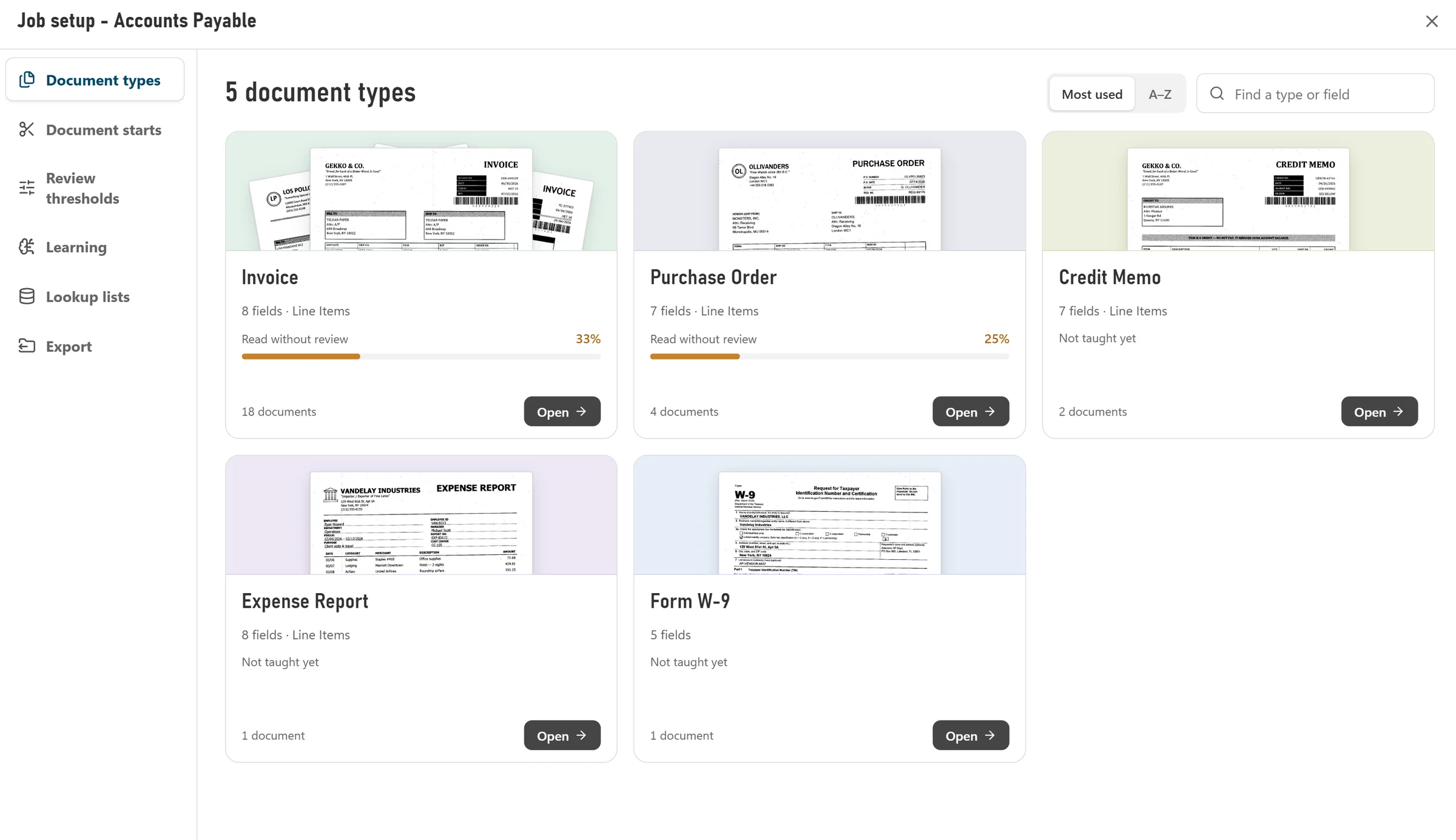The document types in a job, with how much of each already reads without review