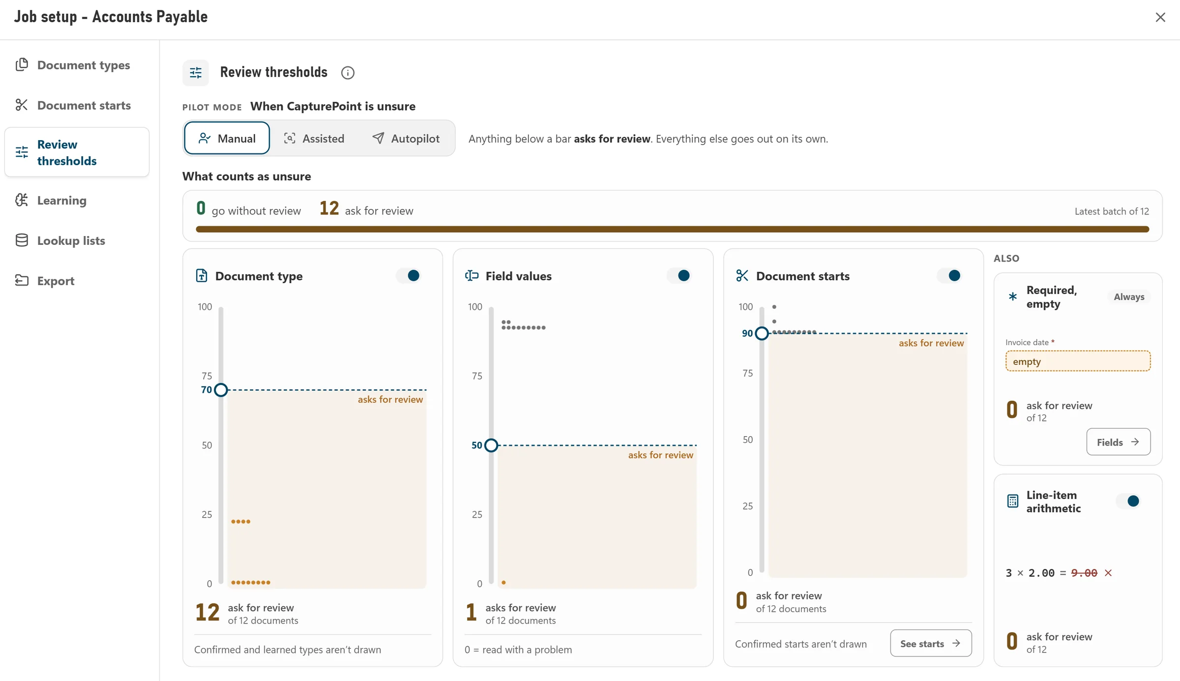 Review thresholds: how sure CapturePoint must be before a document skips review, with Manual and Autopilot