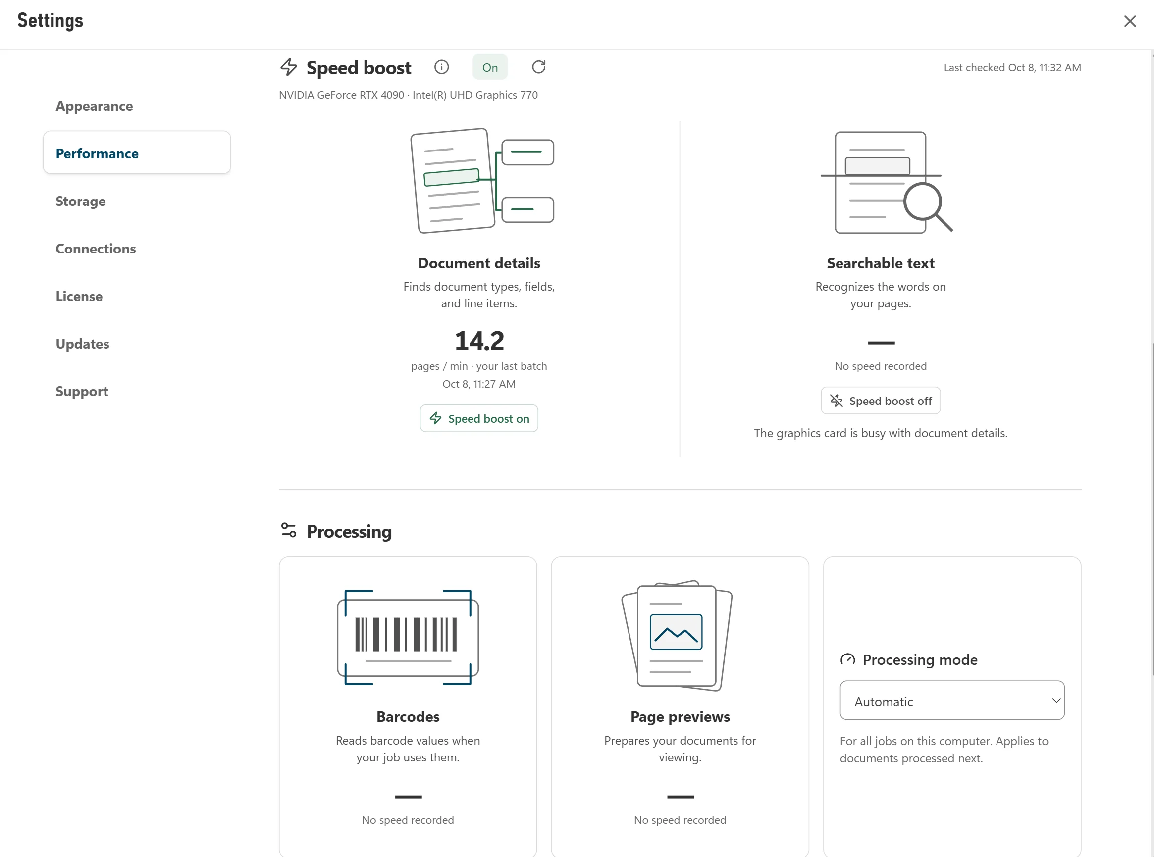 Speed boost: the graphics card reading document details, in pages per minute