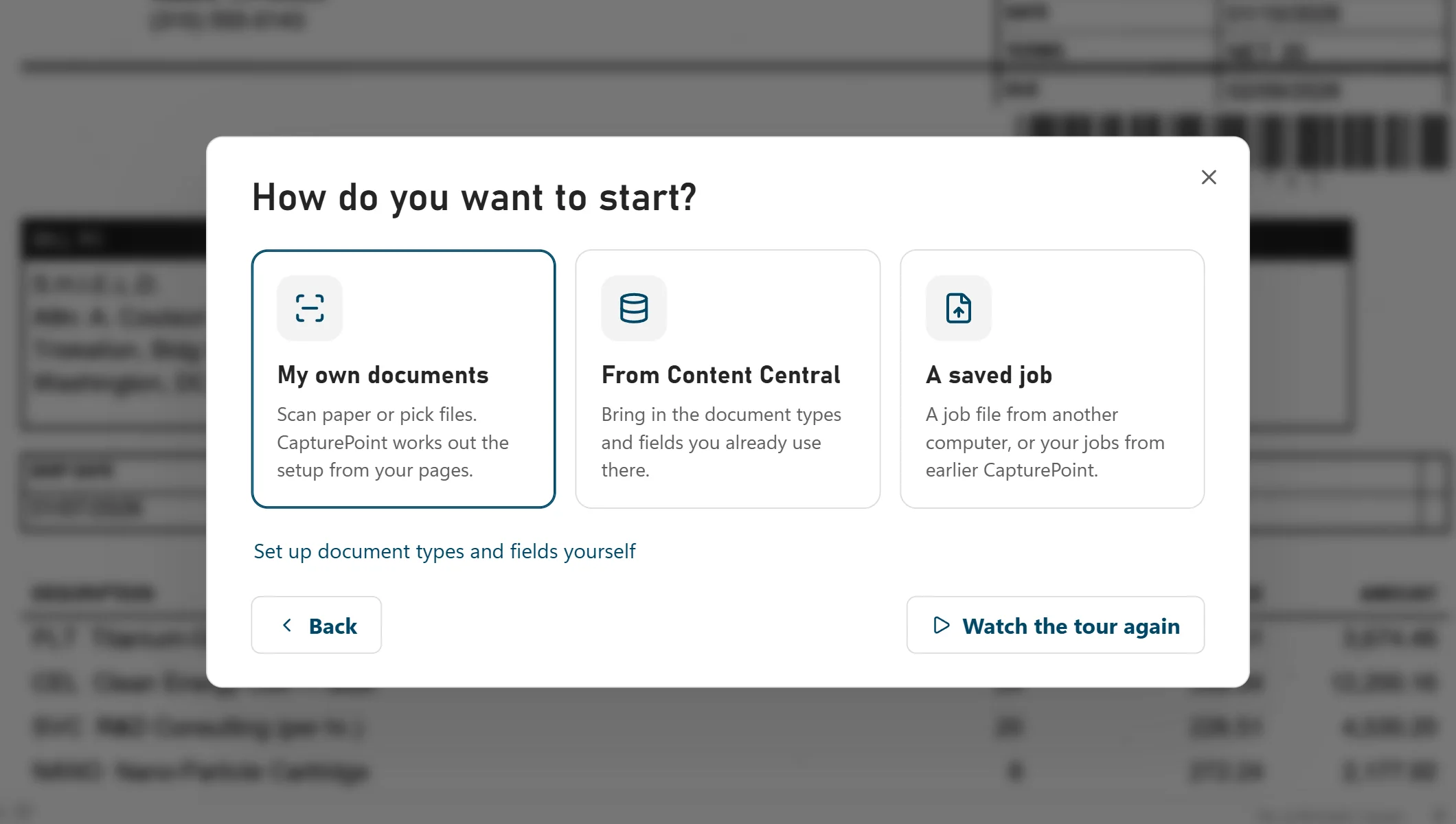 Start a new job from your own documents, from Content Central, or from a saved job