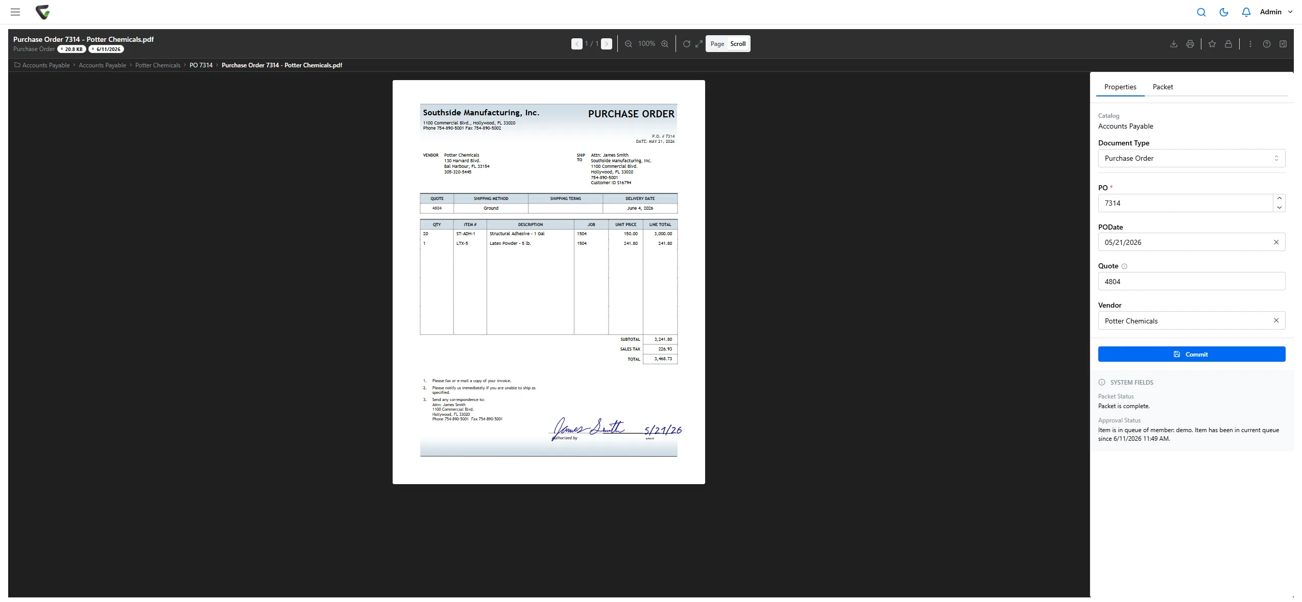 Content Central document viewer: a sample purchase order on the left, its index fields (PO, PO date, quote, vendor) on the right, and system fields showing the packet is complete and the approval is waiting in a queue