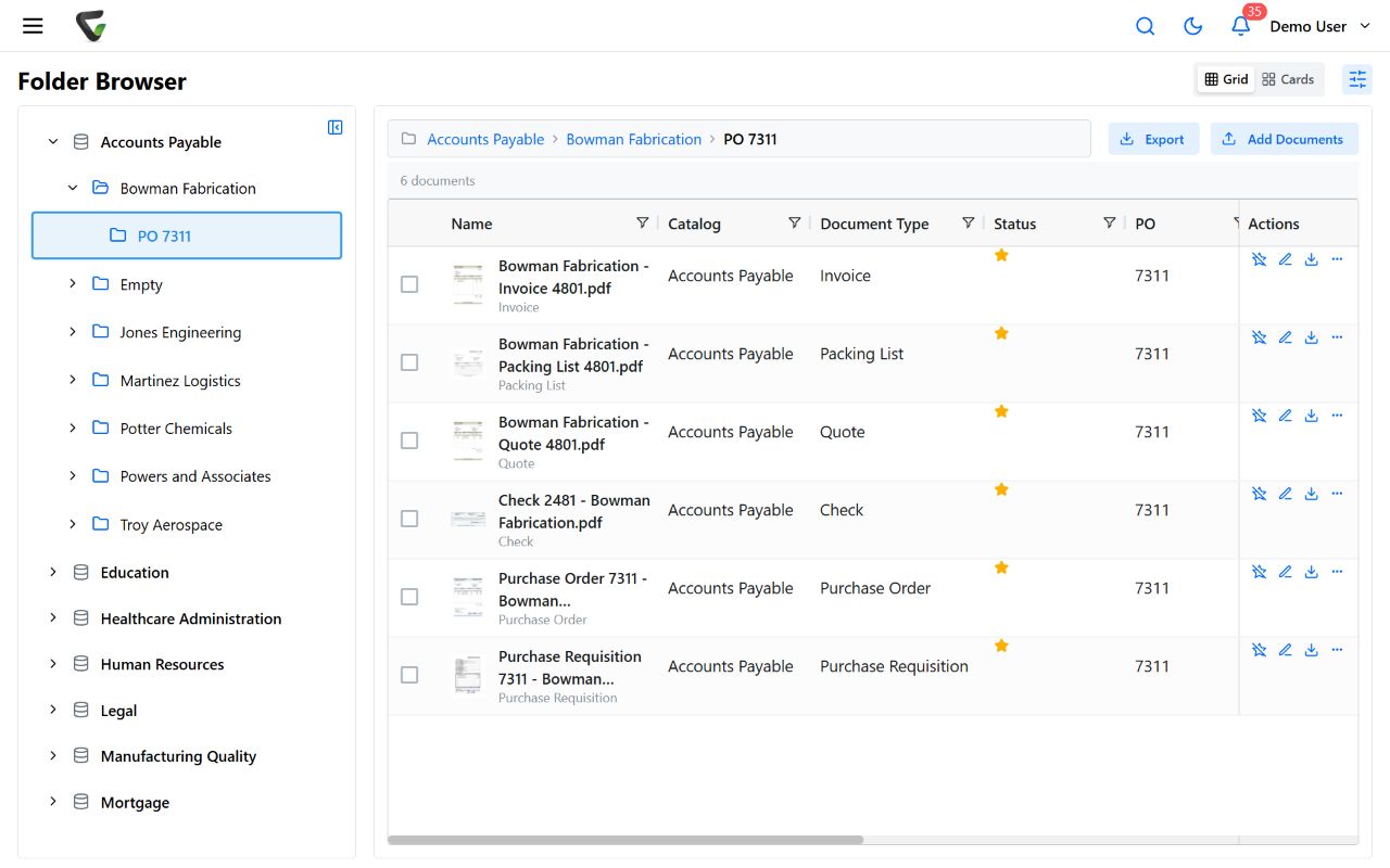 Content Central Accounts Payable folder browser with folder tree, sortable grid and column filters