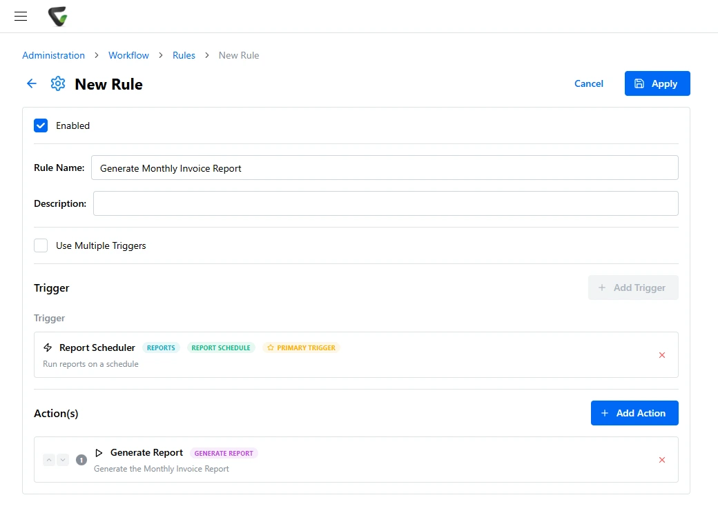 Content Central workflow rule editor: an enabled rule named Generate Monthly Invoice Report with a Report Scheduler trigger and one Generate Report action