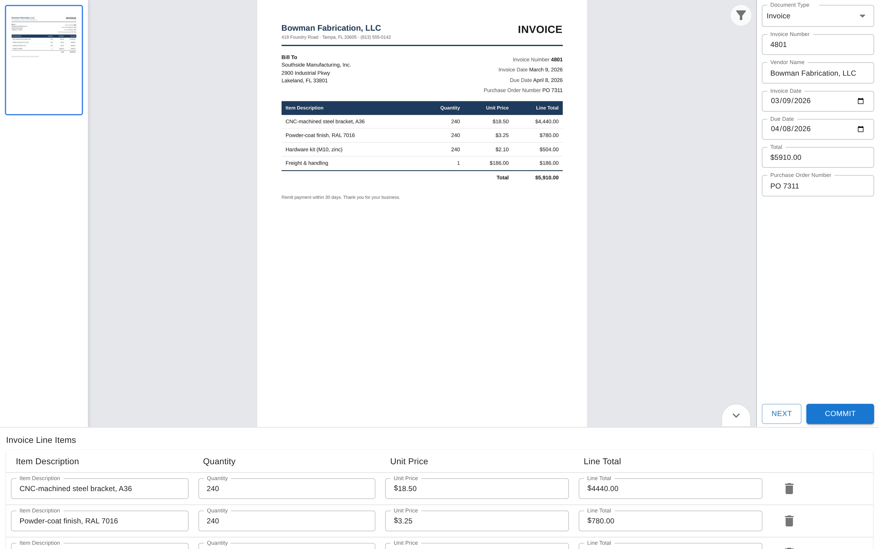Paige - Accounts Payable document in Data Entry with extracted fields ready to verify