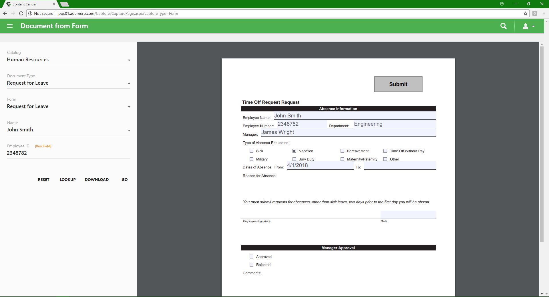 Content Central Capture Form